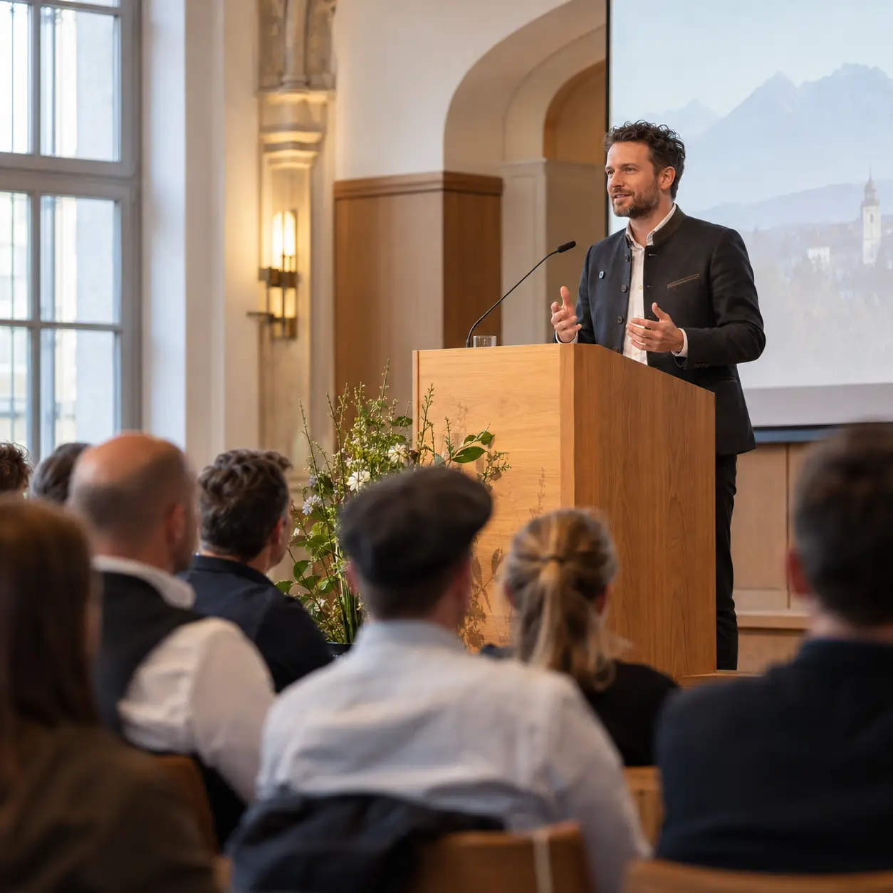Keynote vor einem Publikum in einem repräsentativen Veranstaltungssaal